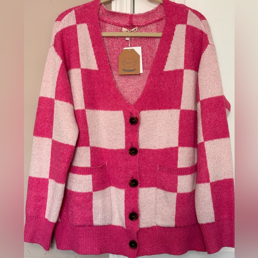 NWT Kori Pink and Cream Checkered Cardigan size S/M